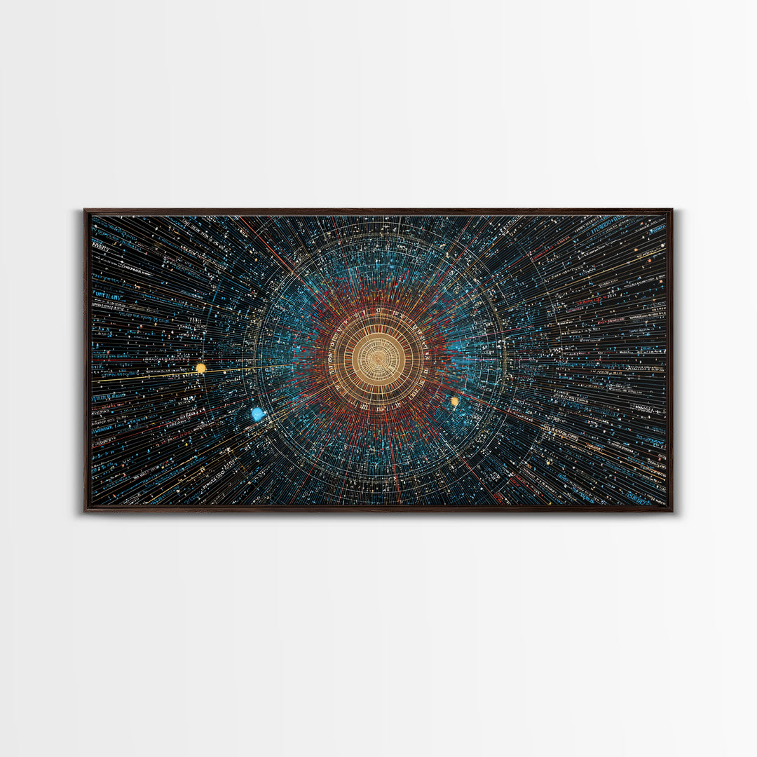 Golden Data Starburst Framed Canvas Print, Modern Abstract Art, Cosmic Geometric Wall Decor, Sci Fi Poster, Blue Orange Space Art