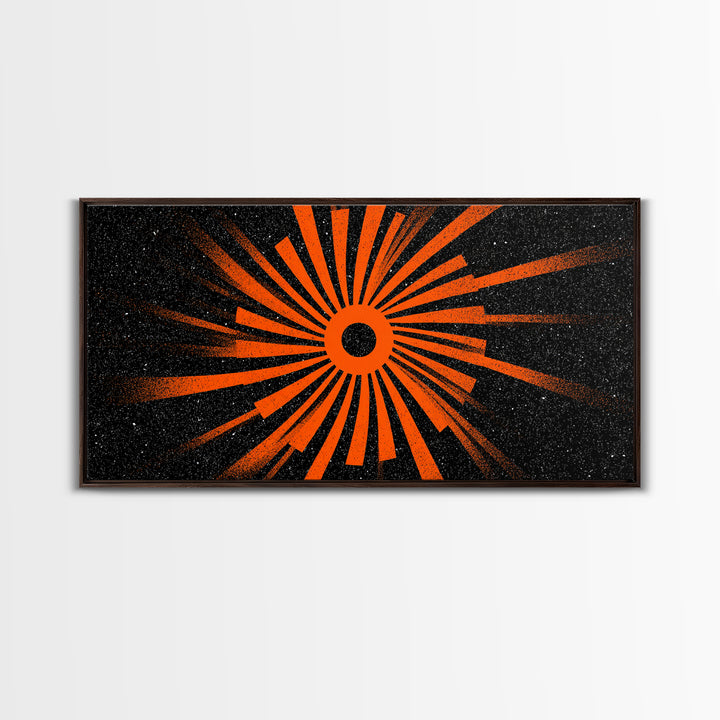 Orange Eclipse Sunburst Canvas Print, Retro Space Abstract Art, Midcentury Modern Wall Decor, Black Atomic Poster For Living Room