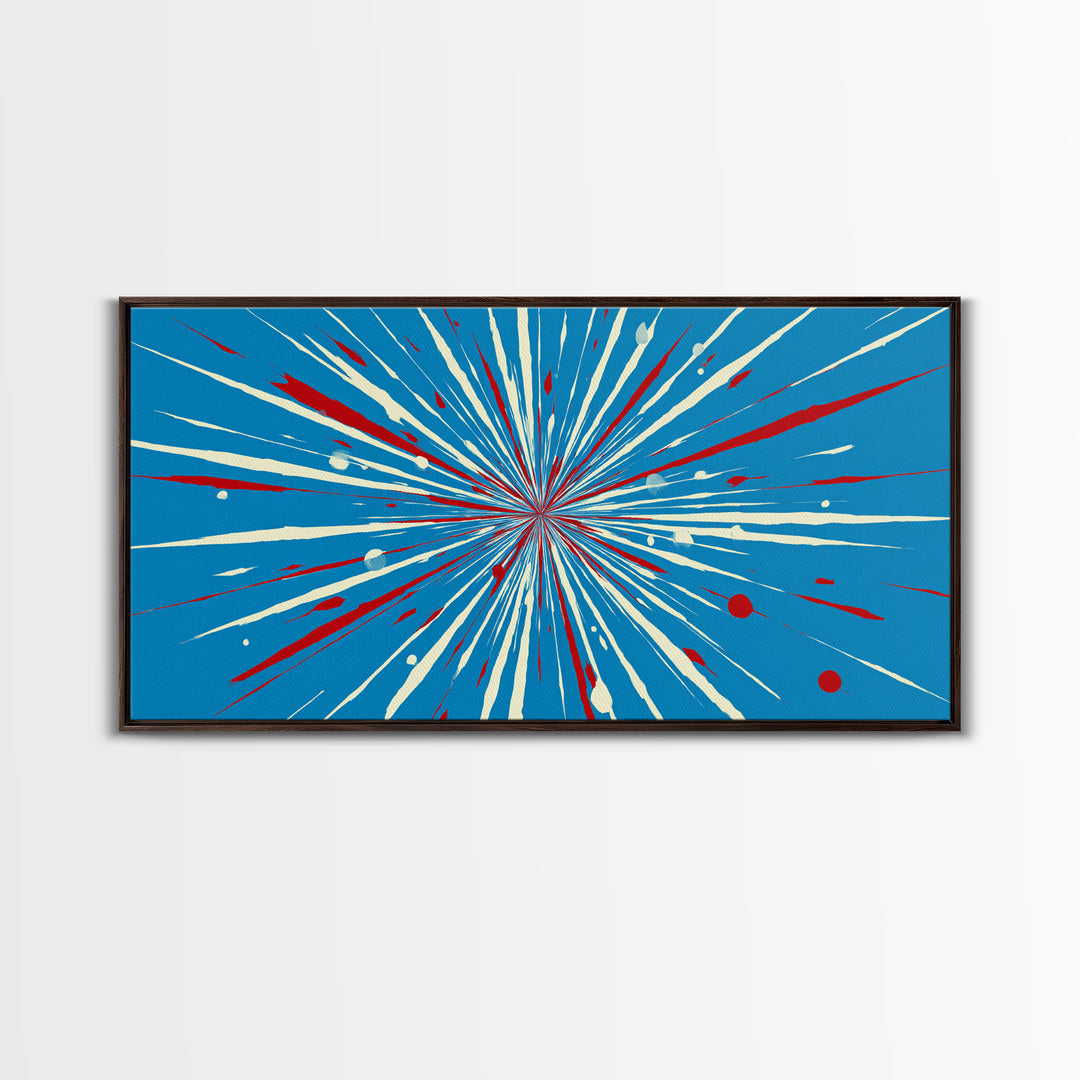 Blue Red Speed Burst Wall Art, Retro Sci Fi Star Lines, Modern Abstract Art Print, Bold Graphic Poster, Game Room Decor Gift