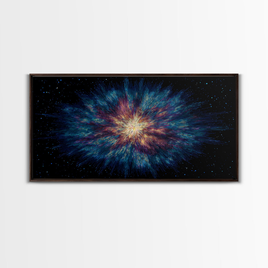 Luminous Nebula Starburst Framed Canvas Print, Cosmic Abstract Wall Art, Modern Galaxy Poster, Blue Purple Bedroom Decor