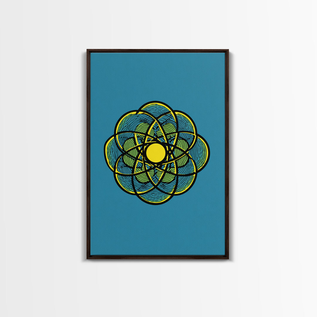 Colorful Atomic Flower Symbol On Blue Canvas Print, Midcentury Modern Wall Decor, Geometric Art Print, Retro Space Poster