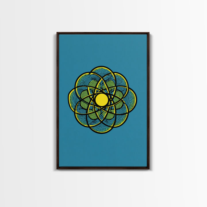 Colorful Atomic Flower Symbol On Blue Canvas Print, Midcentury Modern Wall Decor, Geometric Art Print, Retro Space Poster