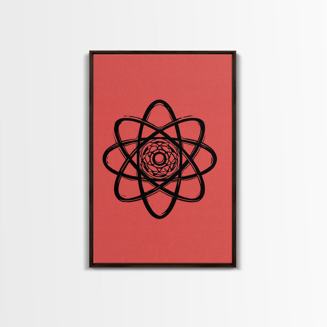 Black Atomic Symbol On Red Canvas Print, Midcentury Modern Wall Art, Retro Science Poster, Geometric MCM Home Decor, Atomic Art Print
