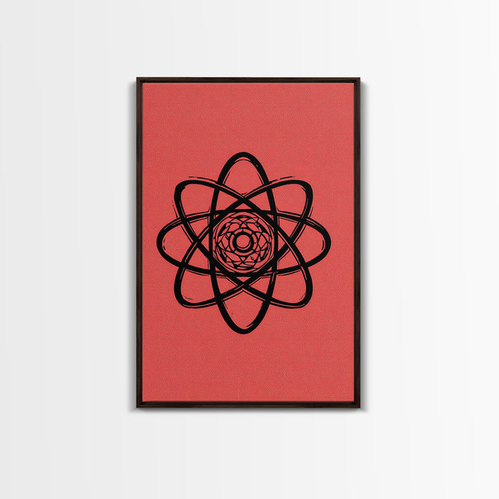 Black Atomic Symbol On Red Canvas Print, Midcentury Modern Wall Art, Retro Science Poster, Geometric MCM Home Decor, Atomic Art Print