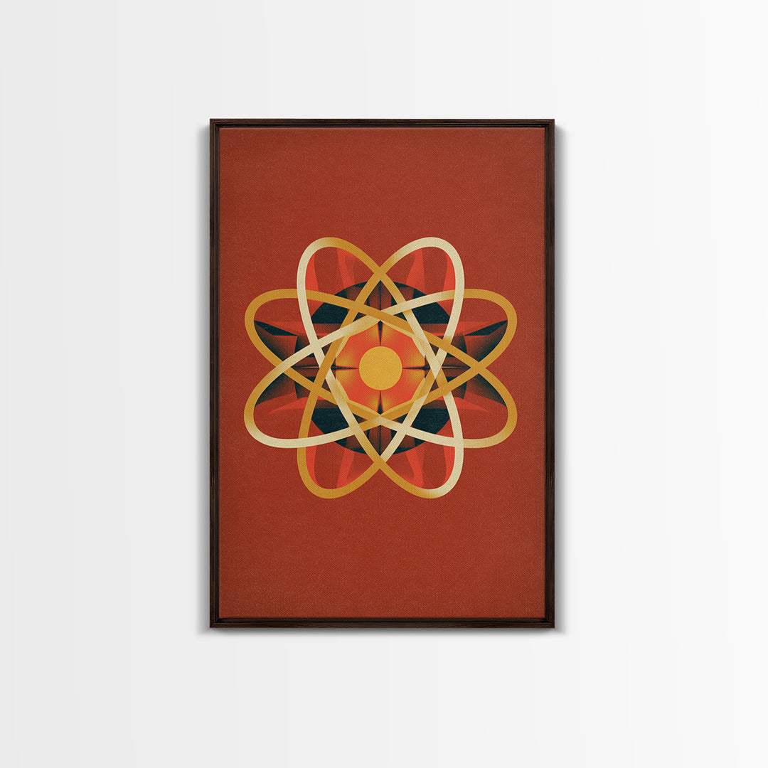 Glowing Golden Atomic Symbol Canvas Print, Midcentury Modern Wall Art, Retro Science Decor, Orange Geometric Abstract Poster
