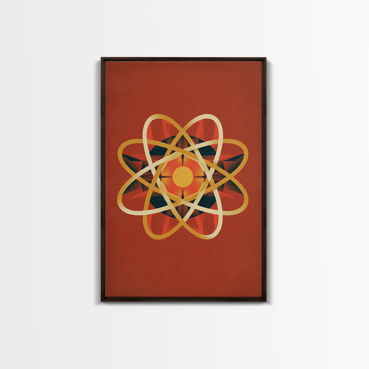 Glowing Golden Atomic Symbol Canvas Print, Midcentury Modern Wall Art, Retro Science Decor, Orange Geometric Abstract Poster