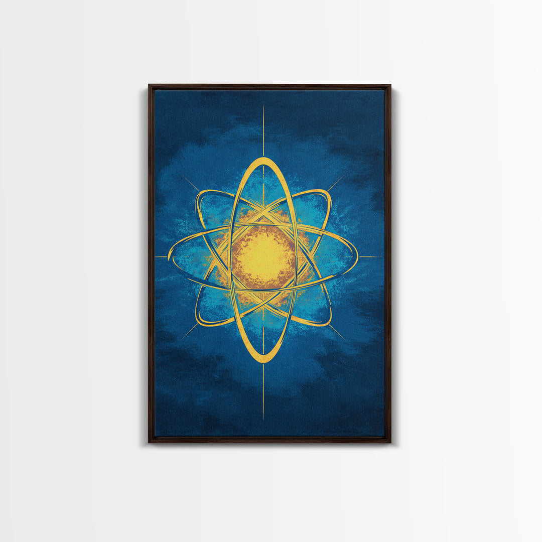 Glowing Yellow Atom On Blue Framed Canvas Print, Midcentury Modern Wall Art, Retro Science Poster, Geometric Space Decor