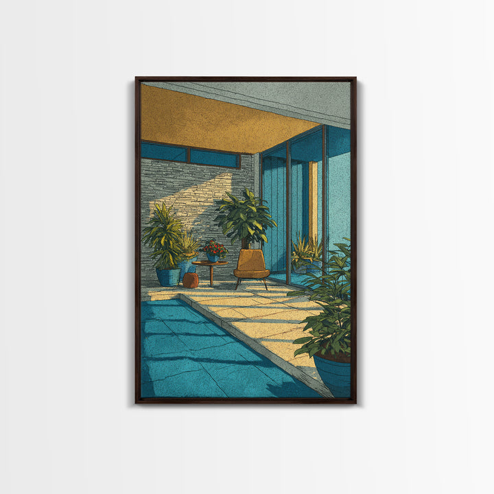 Sunlit Mid Century Patio Pool Framed Canvas Print, Modern Architecture Wall Art, Palm Springs Decor, MCM Home Office Decor
