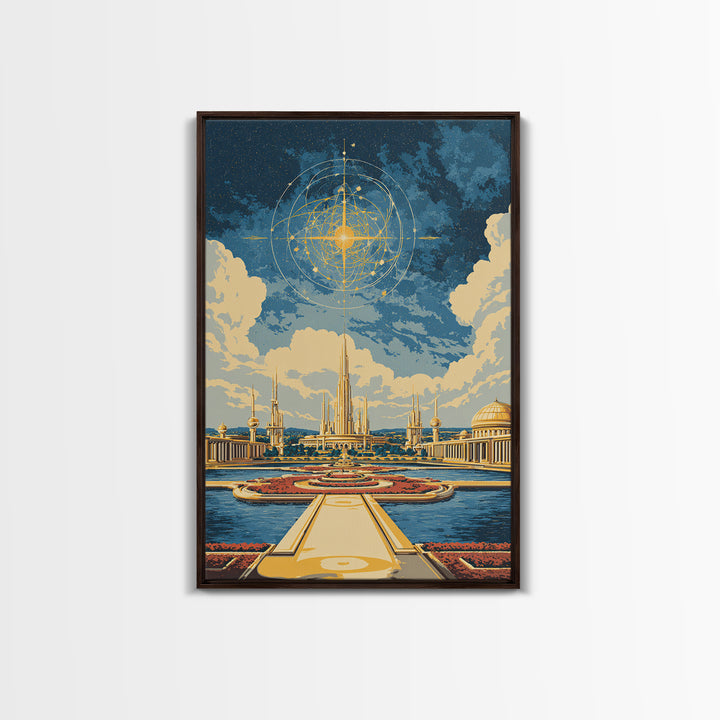 Golden Celestial Palace And Star Map Wall Art, Mid Century Modern Sci Fi Poster, Futuristic City Decor, Cosmic Canvas Print
