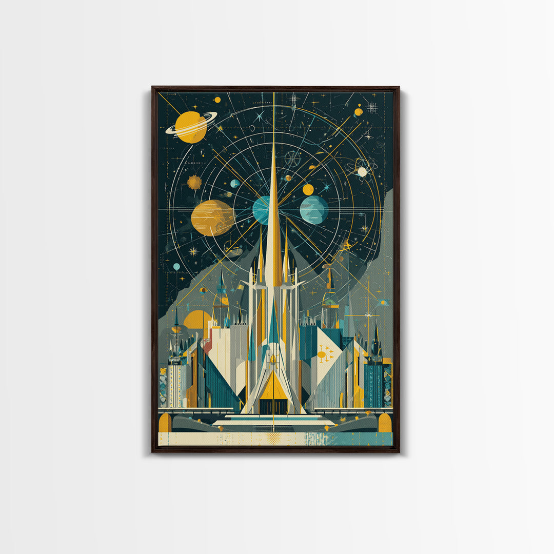 Atomic Rocket Spire Space Age City Canvas Print, Mid Century Modern Wall Art, Futuristic Planet Poster, Geometric MCM Decor