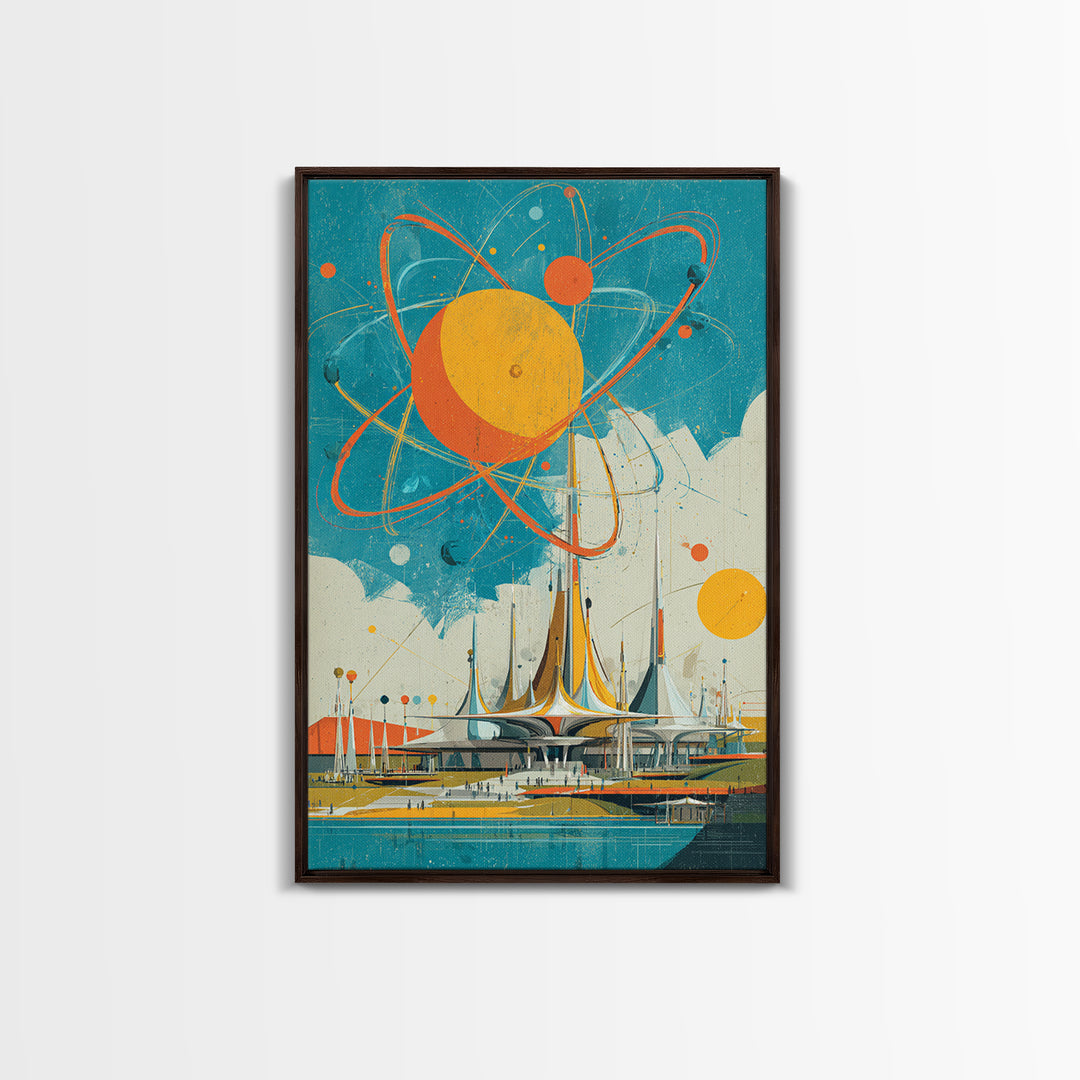 Giant Atomic Sun Over Futuristic City Wall Art, Mid Century Modern Canvas Print, Retro Space Age Poster, Turquoise Decor