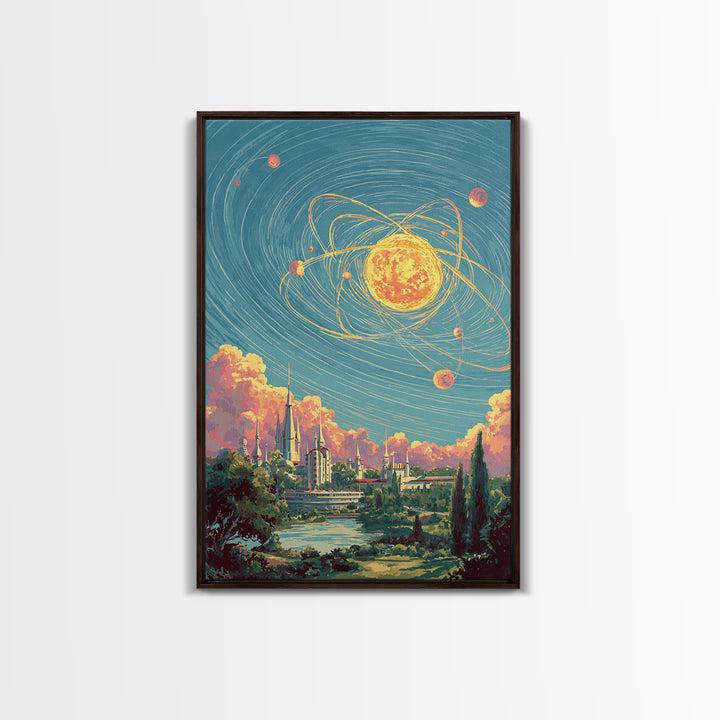 Glowing Atomic Sun Over Retro Future City Canvas Print, Mid Century Modern Wall Art, Cosmic Space Poster, Scenic MCM Decor