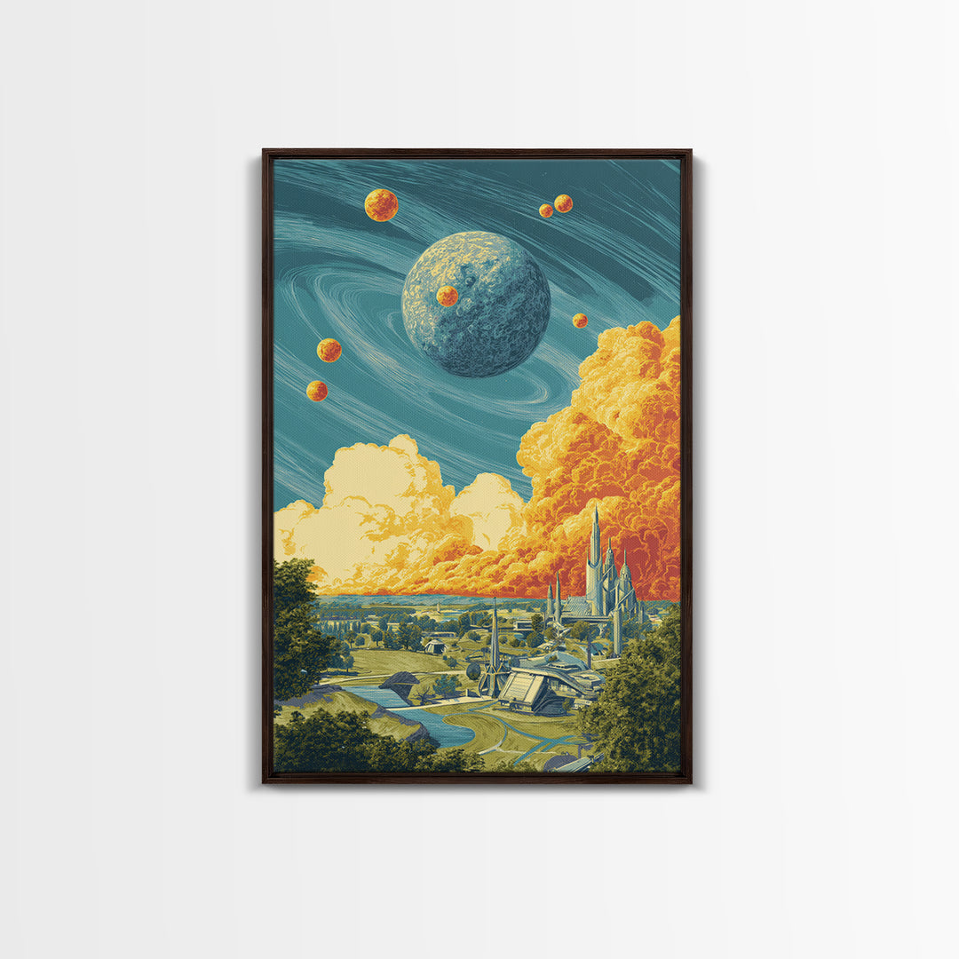 Retro Futuristic Planet City Wall Art, Sci Fi Space Landscape, Midcentury Modern Poster, Atomic MCM Decor, Blue Orange Print