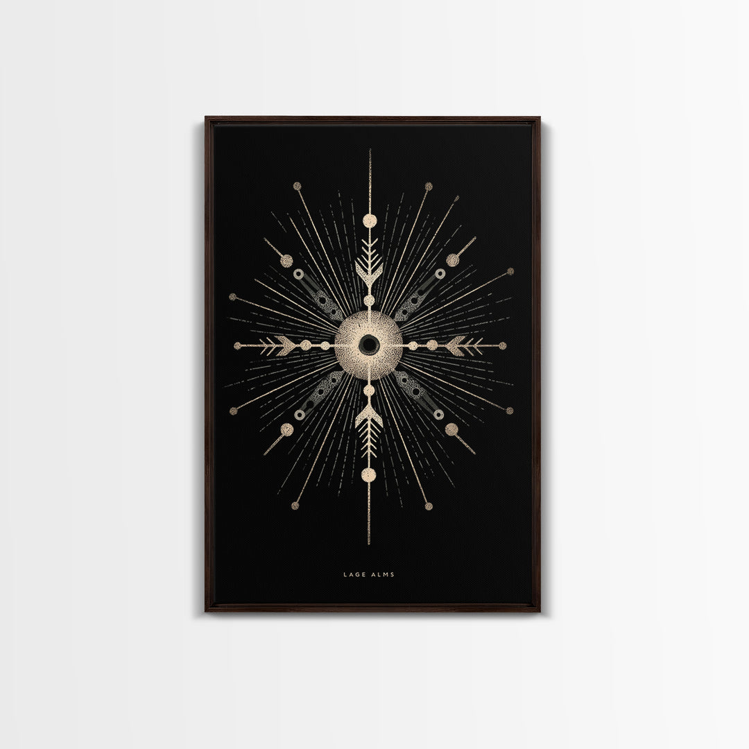 Gold Celestial Starburst Canvas Print, Black Cosmic Wall Decor, Midcentury Atomic Abstract Poster, Spiritual Geometric Art