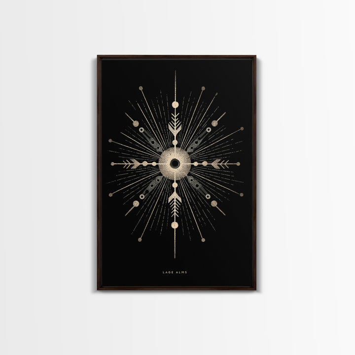 Gold Celestial Starburst Canvas Print, Black Cosmic Wall Decor, Midcentury Atomic Abstract Poster, Spiritual Geometric Art