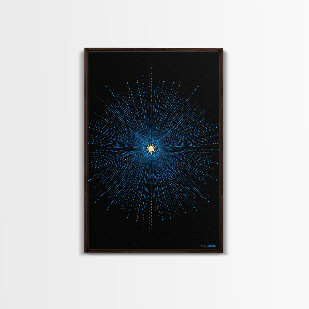 Blue Cosmic Starburst Wall Art, Modern Abstract Space Poster, Atomic Midcentury Decor, Black Sci Fi Galaxy Print For Living Room