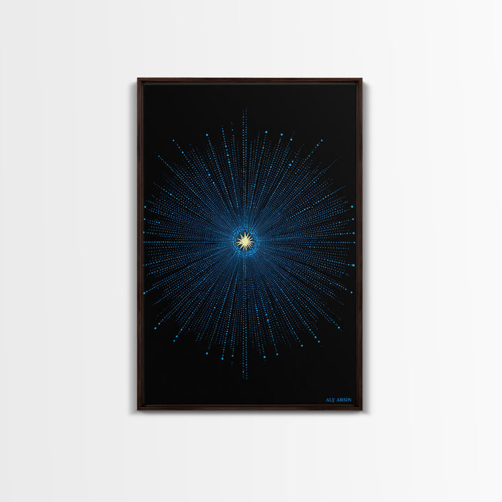 Blue Cosmic Starburst Wall Art, Modern Abstract Space Poster, Atomic Midcentury Decor, Black Sci Fi Galaxy Print For Living Room