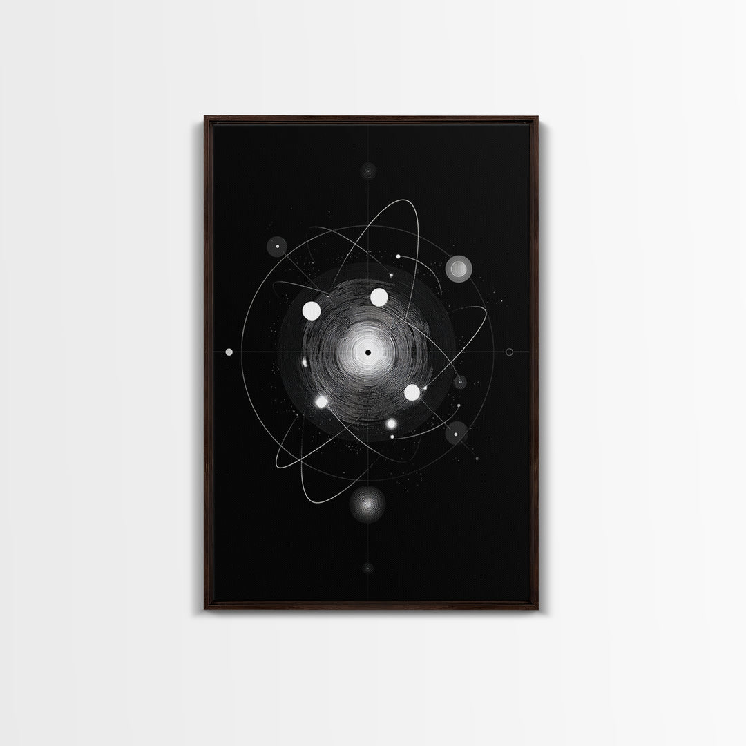 Radiant Atomic Orbit Vortex Wall Art, Black And White Space Abstract, Mid Century Modern Decor, Geometric Sci Fi Poster Print