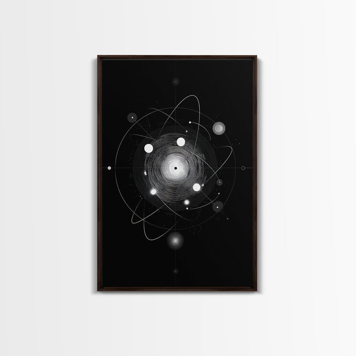 Radiant Atomic Orbit Vortex Wall Art, Black And White Space Abstract, Mid Century Modern Decor, Geometric Sci Fi Poster Print