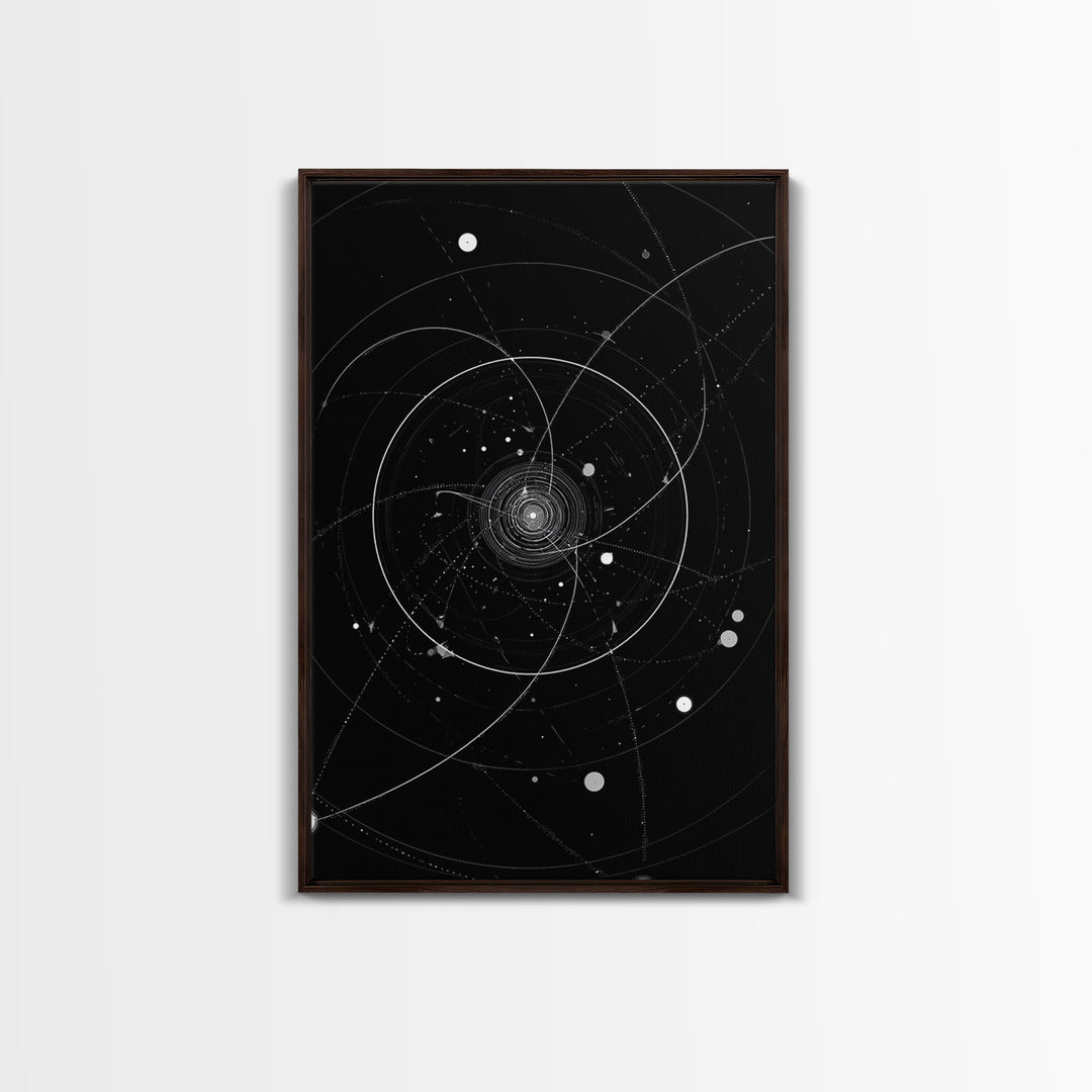 Deep Space Orbital Spiral Wall Art, Black White Cosmic Abstract, Geometric Modern Art Print, Retro Sci Fi Home Decor Poster