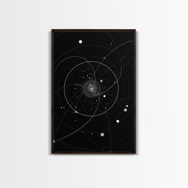Deep Space Orbital Spiral Wall Art, Black White Cosmic Abstract, Geometric Modern Art Print, Retro Sci Fi Home Decor Poster