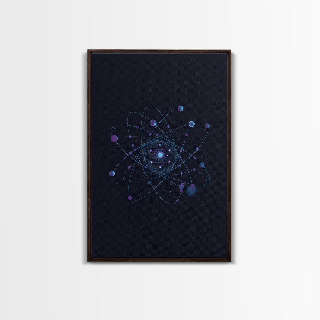 Blue Purple Atomic Orbit Canvas Print, Dark Space Abstract Science Art, Modern Wall Decor, Midcentury Geometric Poster Print