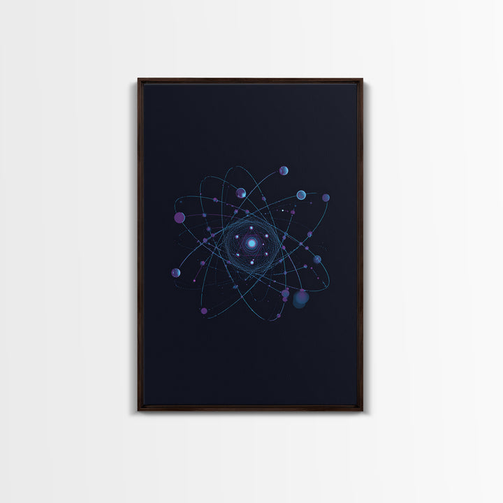 Blue Purple Atomic Orbit Canvas Print, Dark Space Abstract Science Art, Modern Wall Decor, Midcentury Geometric Poster Print
