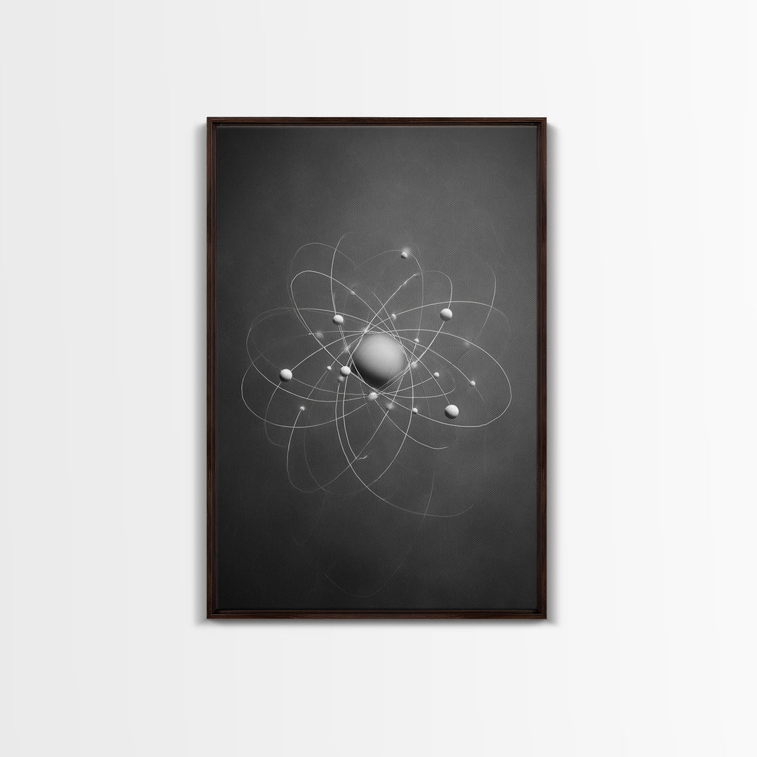 Monochrome Atom Model Framed Canvas Print, Gray Science Abstract Art, Modern Wall Decor, Mid Century Geometric Poster Print