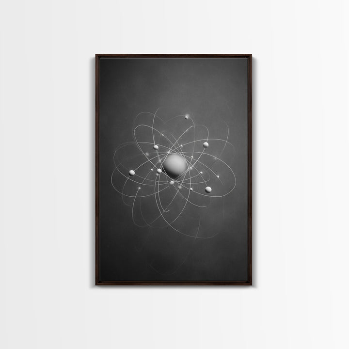 Monochrome Atom Model Framed Canvas Print, Gray Science Abstract Art, Modern Wall Decor, Mid Century Geometric Poster Print