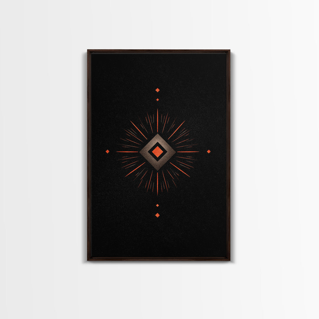 Orange Diamond Sunburst Wall Art, Black Atomic Abstract Design, Mid Century Modern Decor, Geometric Retro Poster Print Art