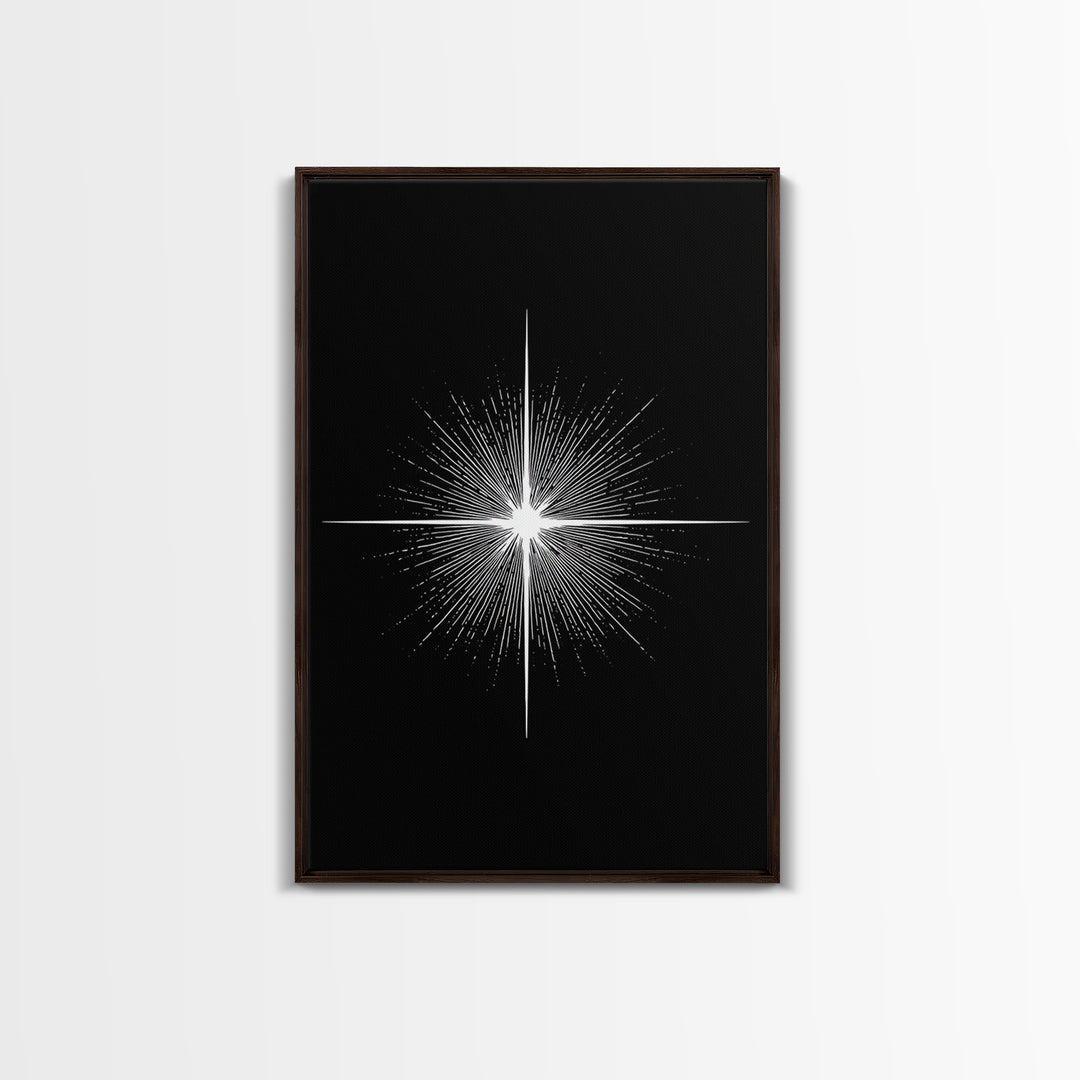 White Radiant Starburst Wall Art, Black Minimal Cosmic Abstract, Modern Geometric Poster, Mid Century Space Home Decor Print