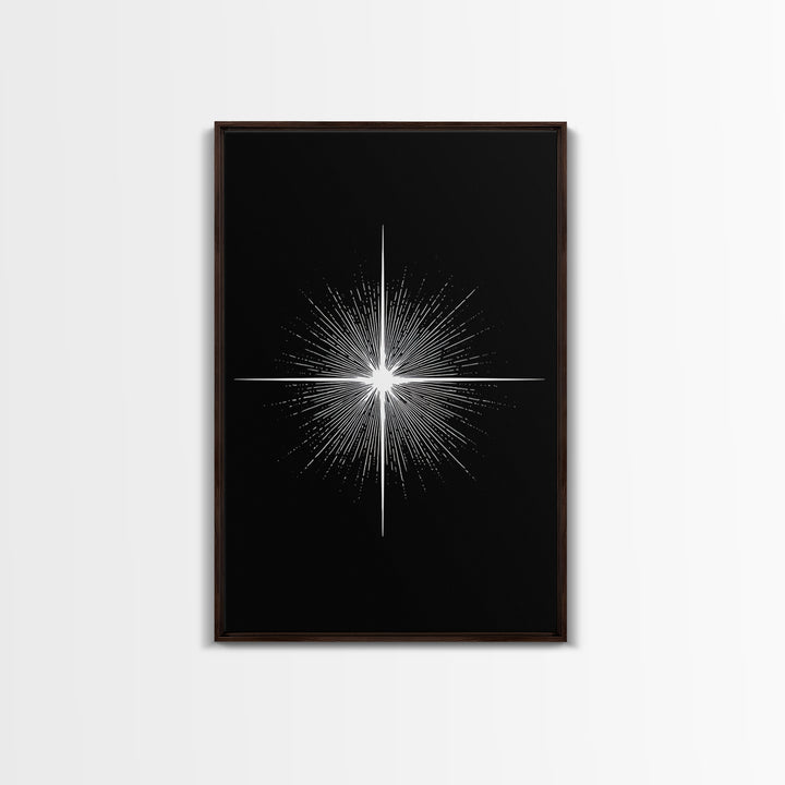 White Radiant Starburst Wall Art, Black Minimal Cosmic Abstract, Modern Geometric Poster, Mid Century Space Home Decor Print