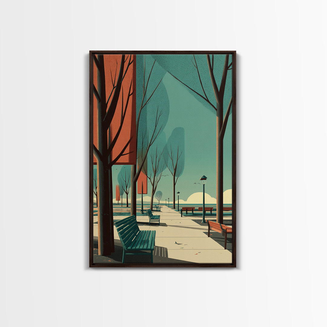 Teal Orange City Promenade Wall Art, Mid Century Modern Travel Poster, Architectural Park Print, Retro Urban Wall Decor Print