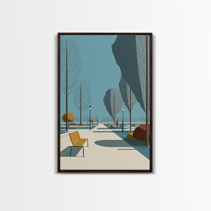 Winter Park Avenue With Yellow Bench Wall Art, Mid Century Modern Landscape Print, Scandinavian Modern Office Decor Poster
