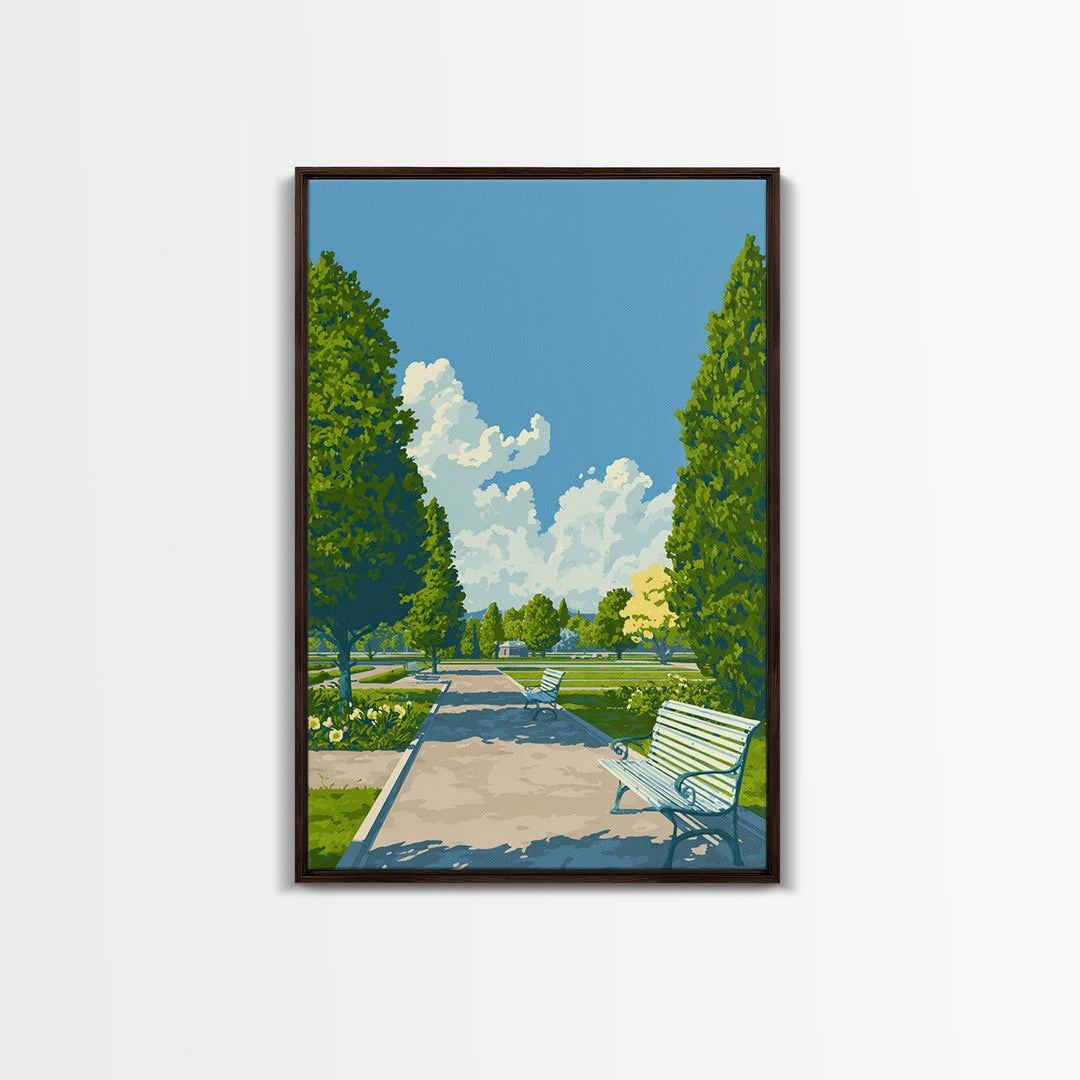 Green Formal Garden Walkway Framed Canvas Print, Mid Century Modern Nature Art, Bright Park Landscape Wall Decor For Home Office