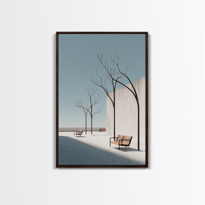 Minimal White Courtyard Benches Wall Art, Mid Century Modern Architectural Print, Scandinavian Modern Minimalist Decor Poster
