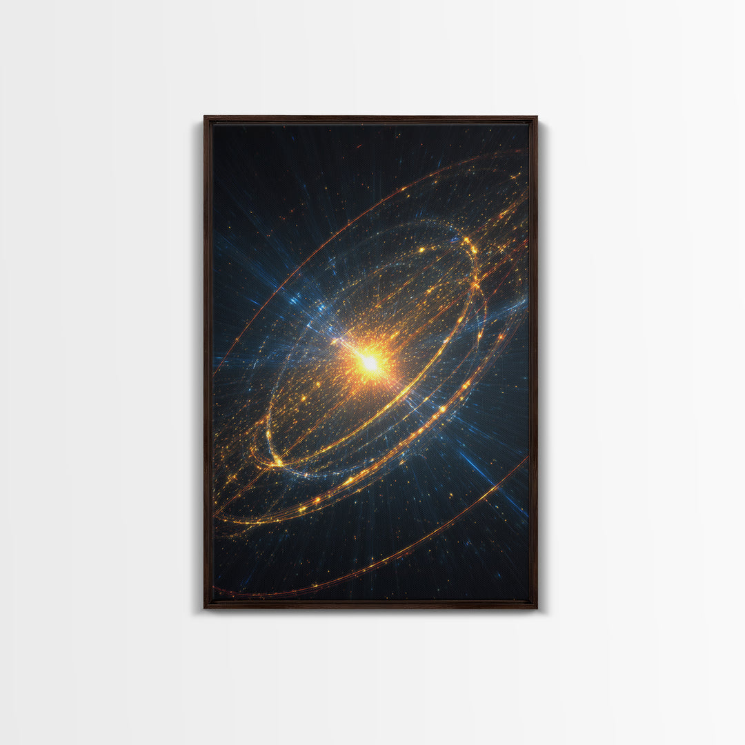 Radiant Starburst Galaxy With Golden Orbital Rings Wall Art, Cosmic Space Poster, Modern Abstract Art, Sci Fi Home Decor