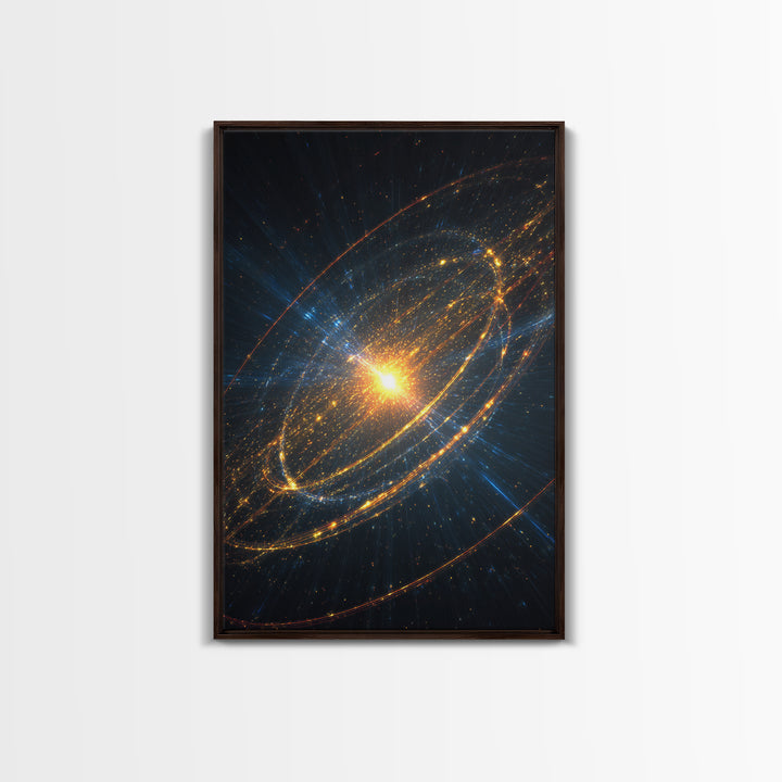 Radiant Starburst Galaxy With Golden Orbital Rings Wall Art, Cosmic Space Poster, Modern Abstract Art, Sci Fi Home Decor