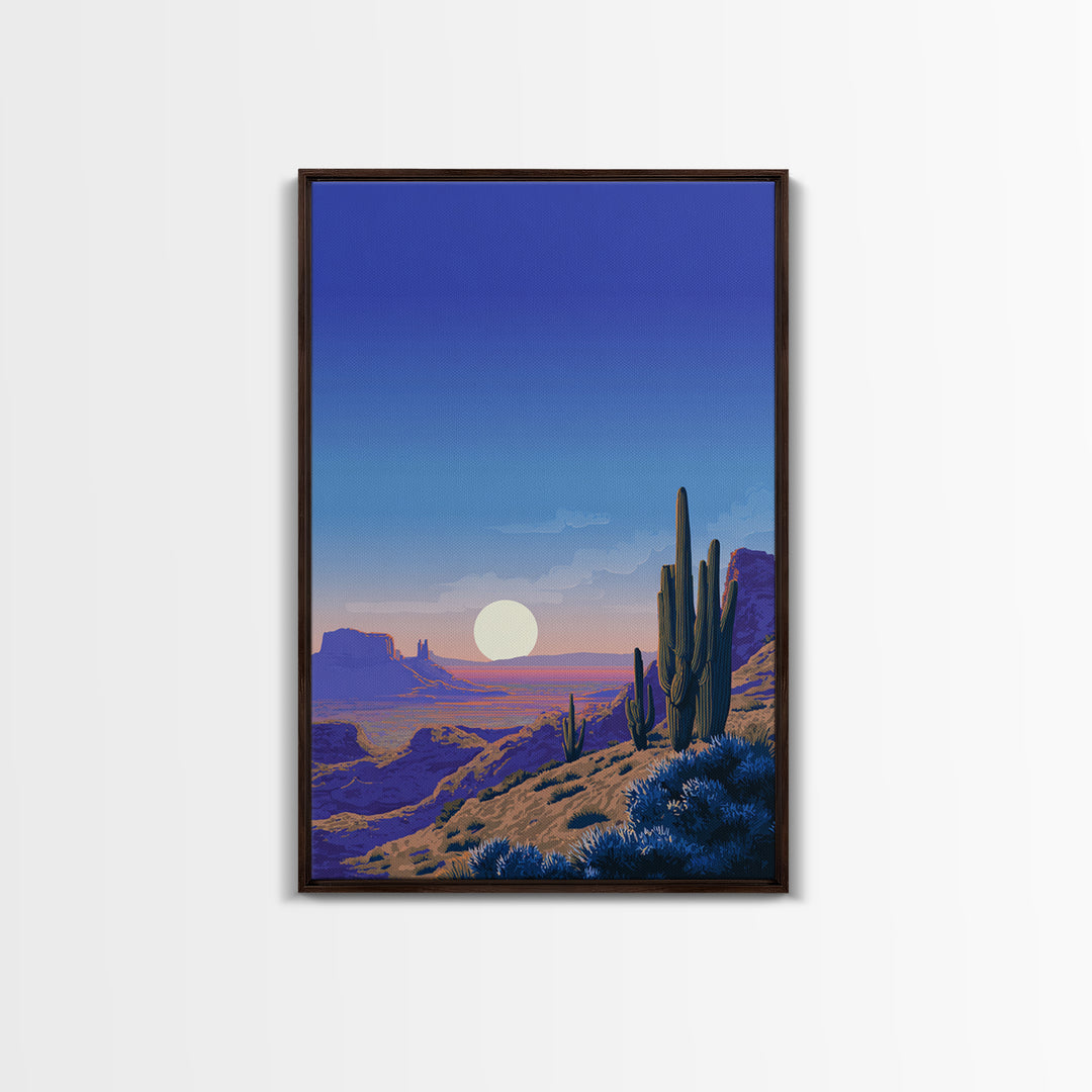 Blue Canyon Desert Moon Wall Art, Mid Century Modern Landscape Print, Cactus Travel Poster, Southwestern Home Decor For Living Room