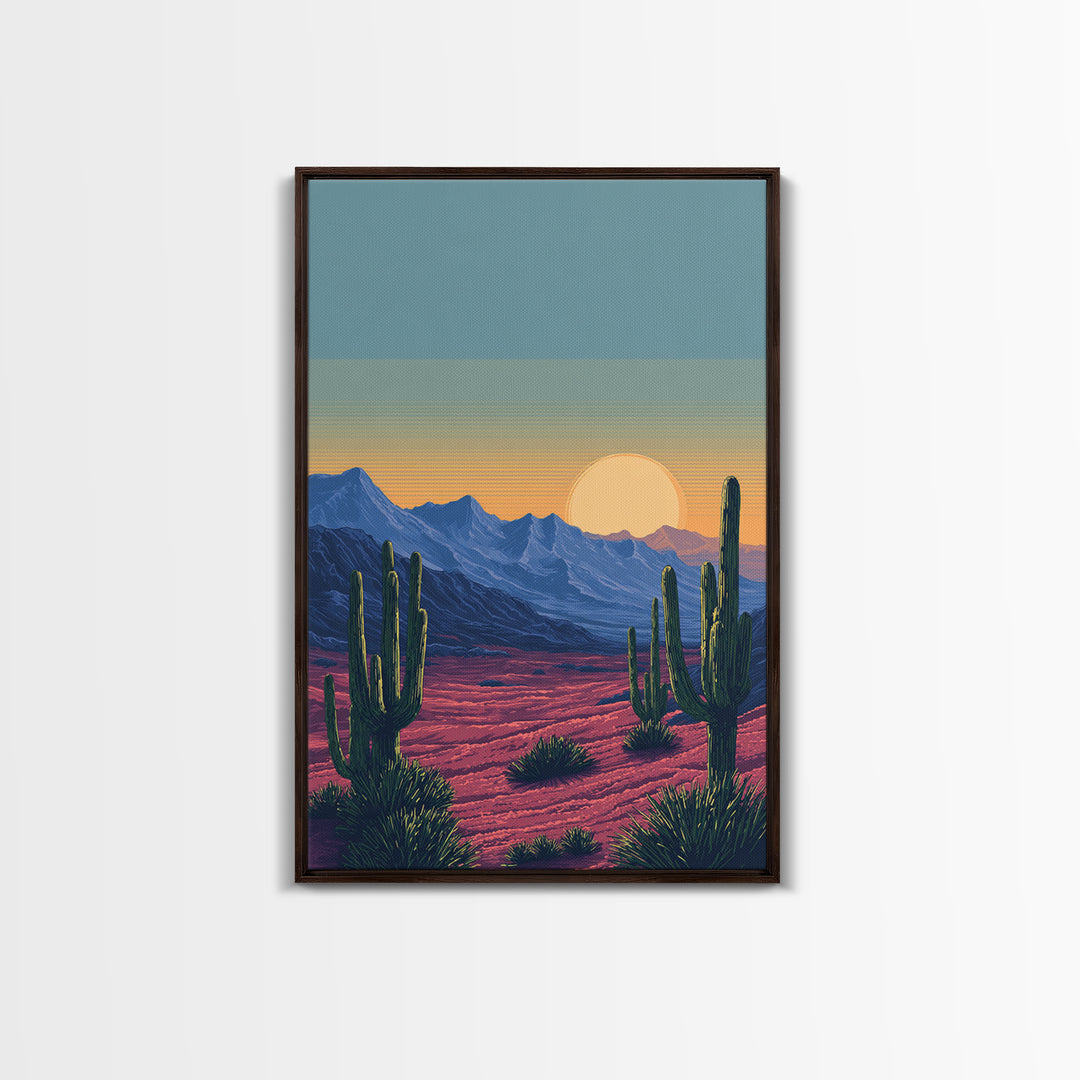 Saguaro Desert Mountains At Sunset Wall Art, Mid Century Modern Southwest Landscape, Retro Travel Poster, Colorful Home Decor