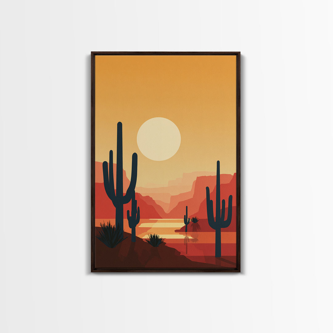 Canyon River Saguaro Sunset Canvas Print, Mid Century Modern Desert Poster, Southwestern Decor, Orange Living Room Wall Art