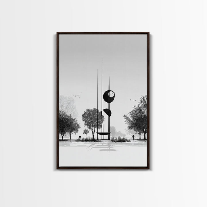 Black And White Modern Sculpture Wall Art, Minimalist Landscape Print, Contemporary Office Decor, Abstract Geometric Art