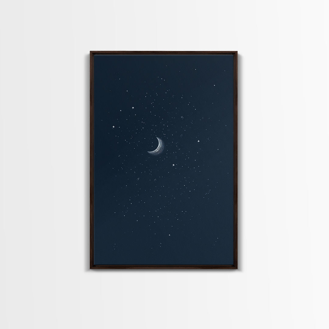 Navy Crescent Moon Starry Night Wall Art, Minimalist Celestial Print, Blue Bedroom Decor, Spiritual Modern Art Poster Gift