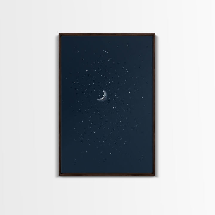 Navy Crescent Moon Starry Night Wall Art, Minimalist Celestial Print, Blue Bedroom Decor, Spiritual Modern Art Poster Gift