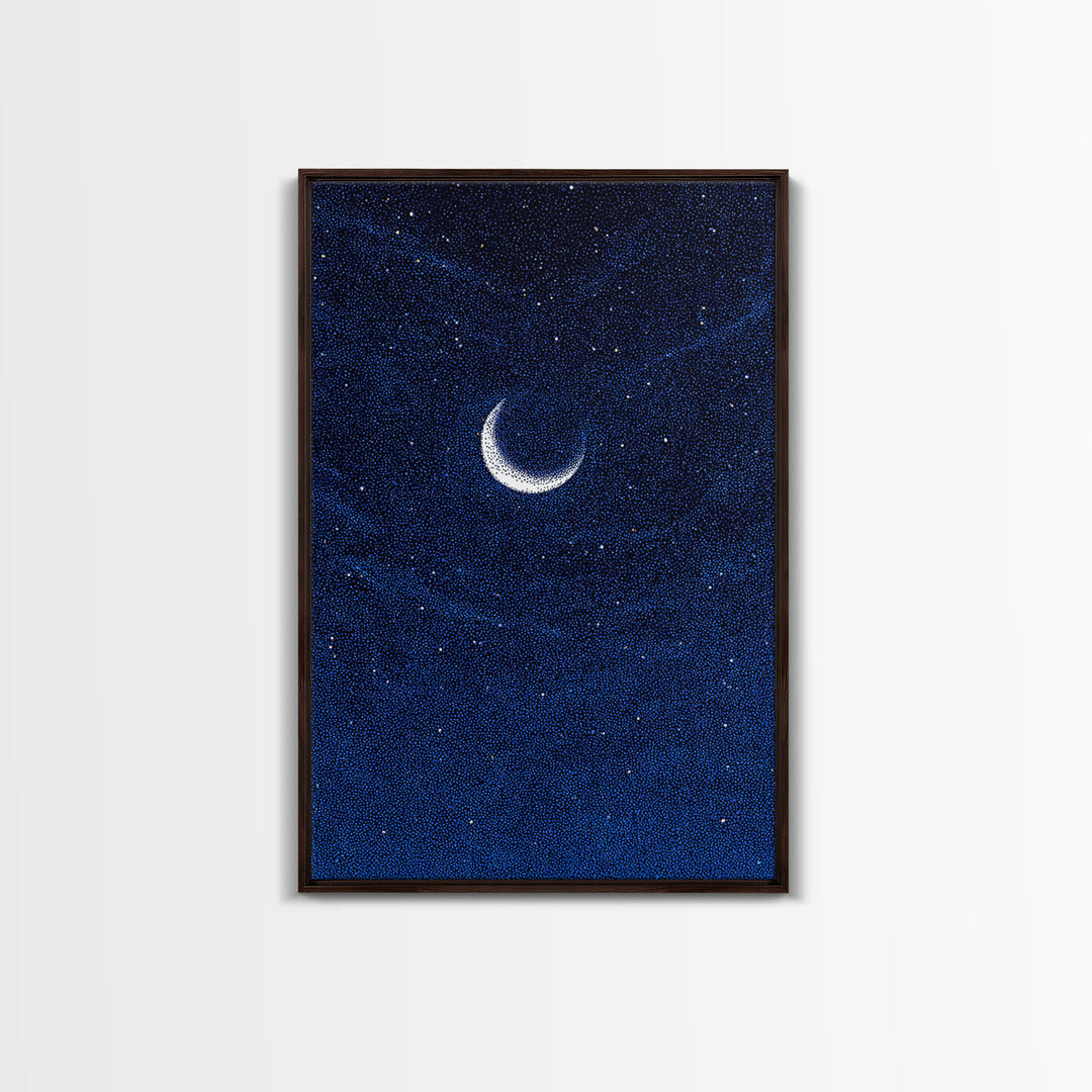 Deep Blue Crescent Moon Canvas Print, Starry Night Sky Wall Art, Minimalist Celestial Decor, Modern Bedroom Art Poster Print