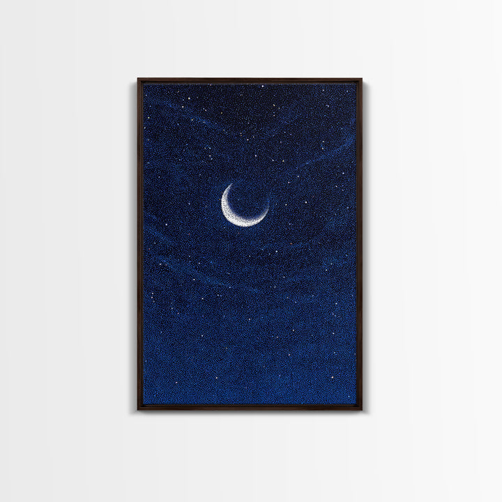 Deep Blue Crescent Moon Canvas Print, Starry Night Sky Wall Art, Minimalist Celestial Decor, Modern Bedroom Art Poster Print
