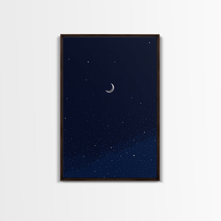 Dark Navy Crescent Moon Wall Art, Starry Sky Minimalist Print, Blue Celestial Decor, Modern Bedroom Poster, Spiritual Gift