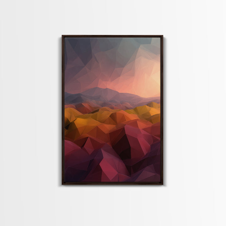 Low Poly Desert Sunset Over Red Hills Framed Canvas Print, Abstract Landscape Wall Art, Southwestern Decor, Modern Poster