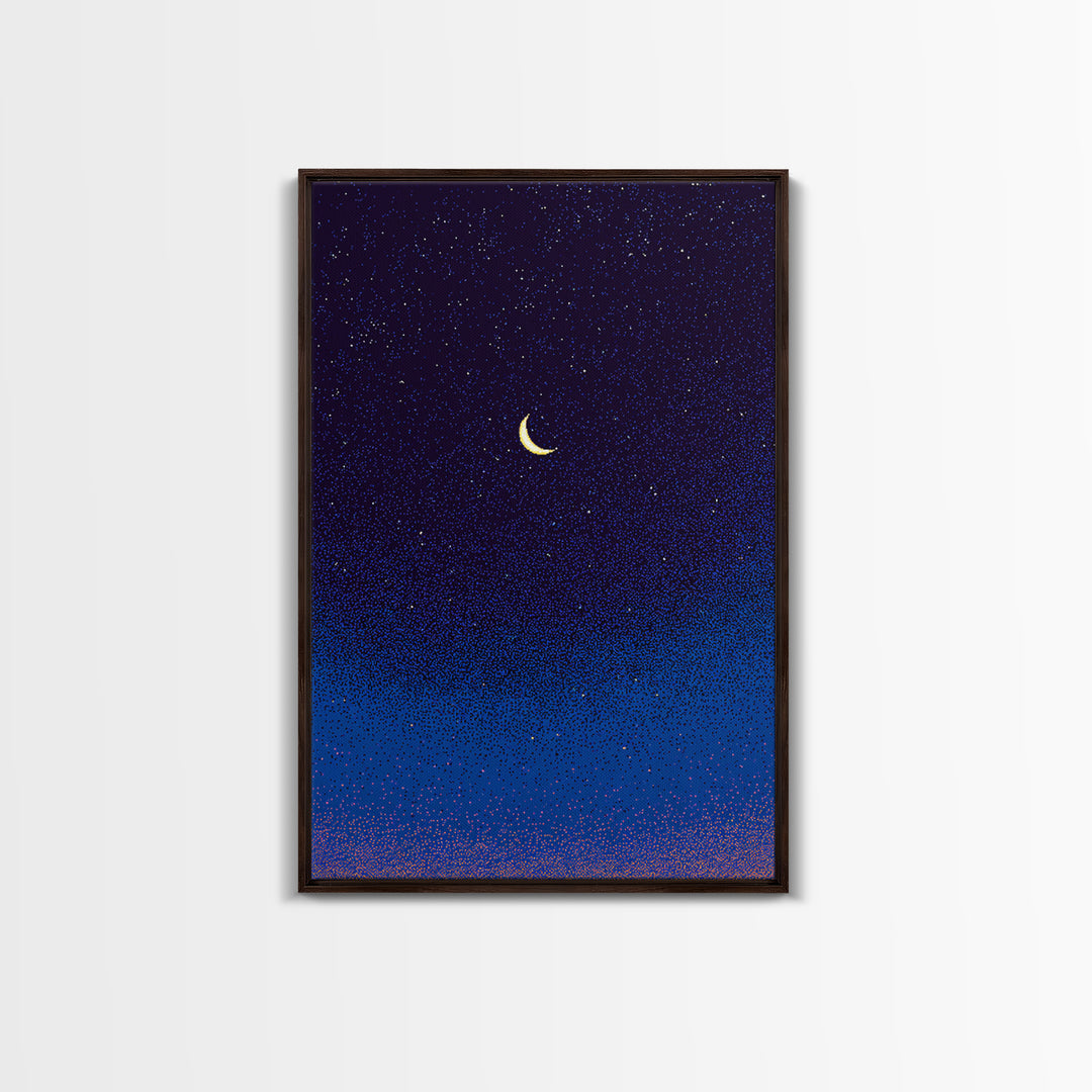 Purple Blue Crescent Moon Canvas Print, Starry Night Sky Wall Art, Celestial Bedroom Decor, Modern Spiritual Poster Gift