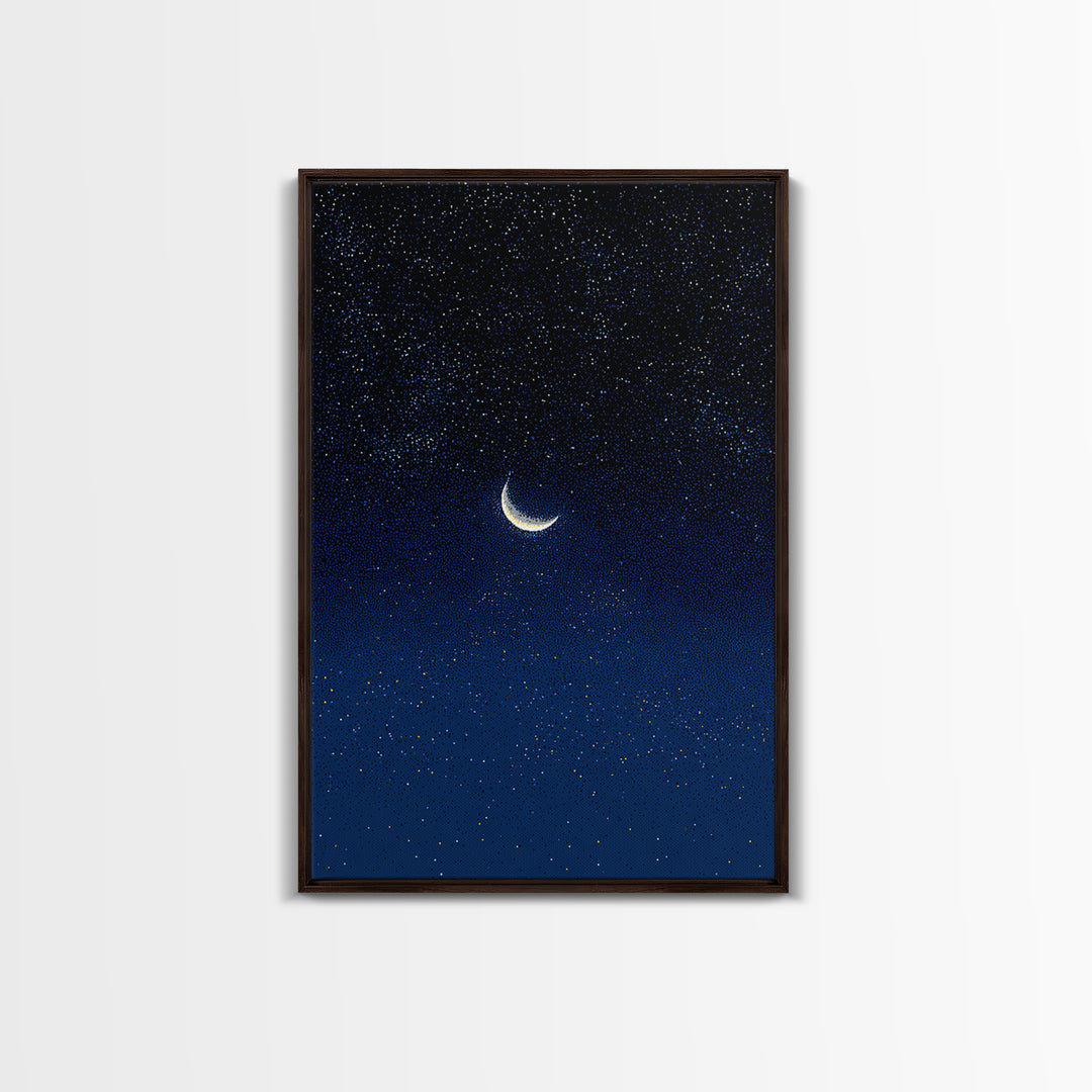 Glowing Crescent Moon Blue Star Field Canvas Print, Celestial Night Sky Poster, Modern Wall Decor, Dreamy Bedroom Art Print